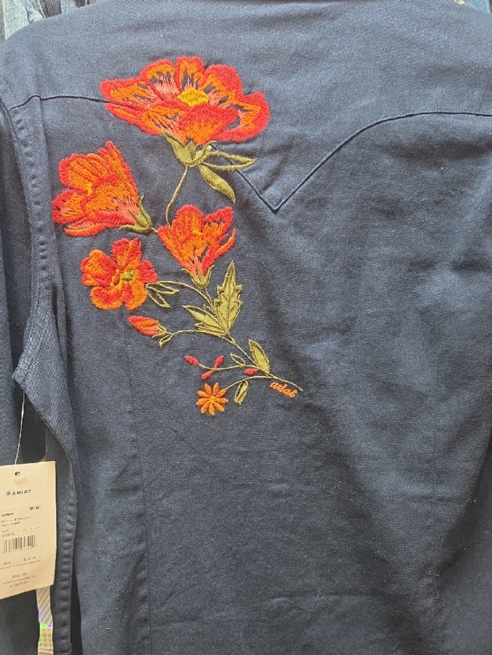 Ariat Navy Button-Down Shirt with Red Floral Embroidery - Picture 7 of 8